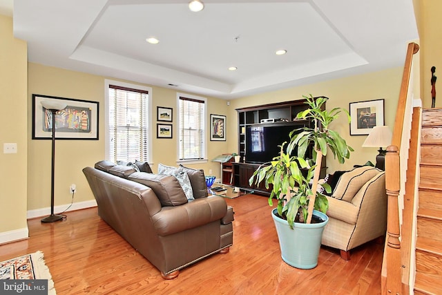 120 Fortnightly Blvd, Herndon, VA 20170 - living room featuring a raised ceiling, light wood-style floors, recessed lighting, and baseboards