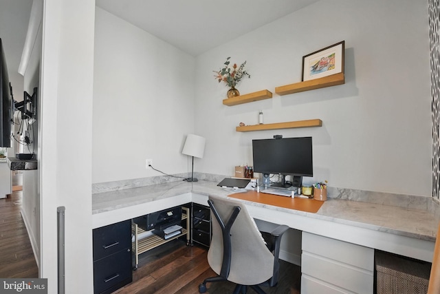 office space featuring built in study area and dark wood finished floors