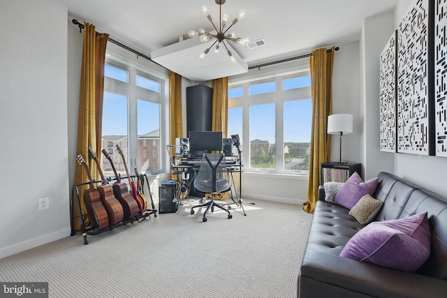 office area featuring a chandelier, carpet floors, and baseboards