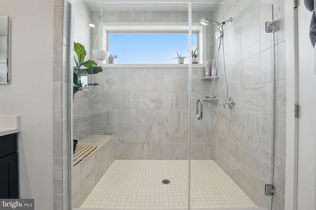full bathroom with vanity and a stall shower