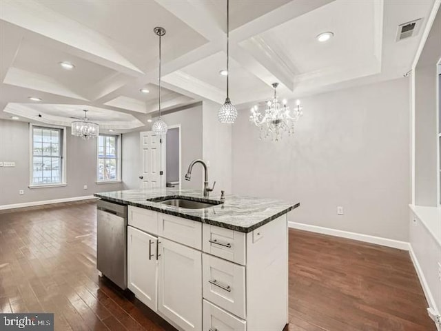 905 E Patapsco Ave, Baltimore, MD 21225 - kitchen with a chandelier, coffered ceiling, stainless steel dishwasher, a sink, and dark wood-type flooring