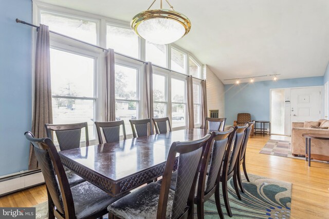 2400 Willow Glen Dr, Baltimore, MD 21209 - dining room featuring light wood-style floors, vaulted ceiling, and rail lighting