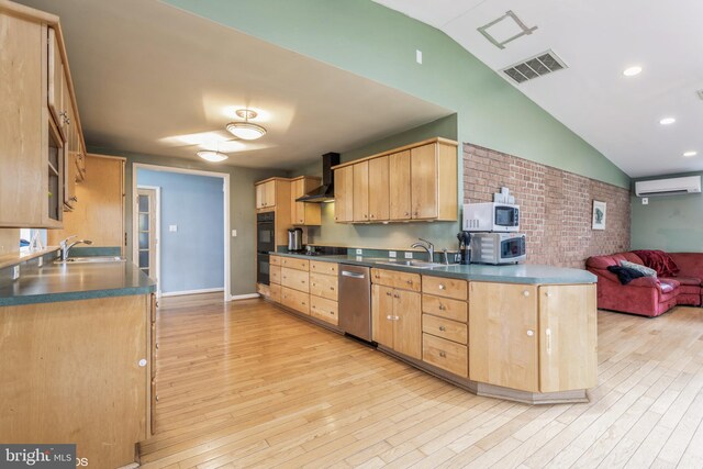 2400 Willow Glen Dr, Baltimore, MD 21209 - kitchen featuring black appliances, light brown cabinetry, wall chimney range hood, a sink, and vaulted ceiling