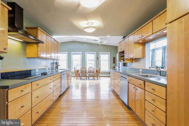 2400 Willow Glen Dr, Baltimore, MD 21209 - kitchen with wall chimney range hood, black electric stovetop, dishwashing machine, stainless steel dishwasher, and light wood-type flooring