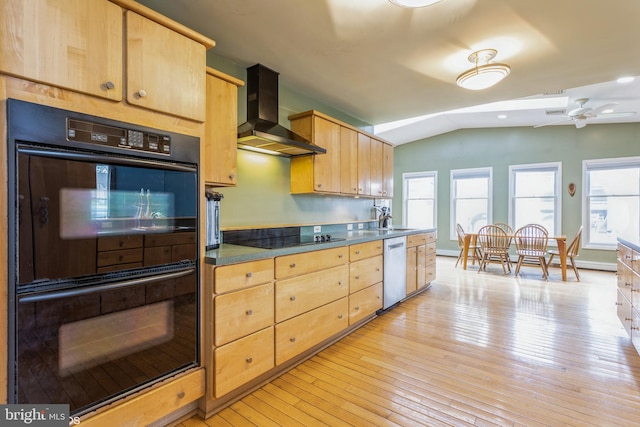 2400 Willow Glen Dr, Baltimore, MD 21209 - kitchen with black appliances, wall chimney range hood, light brown cabinets, lofted ceiling, and light wood finished floors