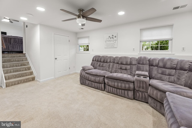 9761 Turnbuckle Dr, Burke, VA 22015 - living room with a ceiling fan, plenty of natural light, carpet floors, recessed lighting, and stairs