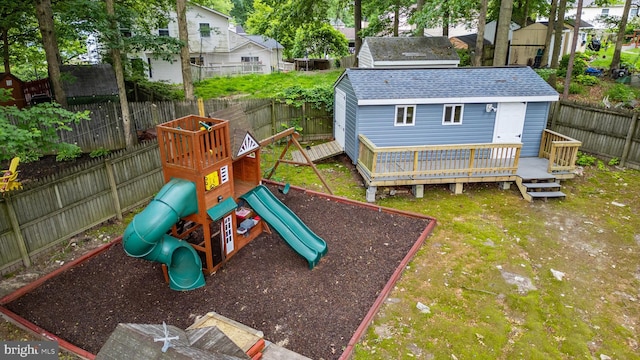 9761 Turnbuckle Dr, Burke, VA 22015 - view of play area with a fenced backyard and a deck