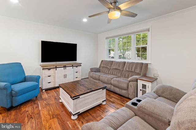 9761 Turnbuckle Dr, Burke, VA 22015 - living room with crown molding, wood finished floors, ceiling fan, and recessed lighting