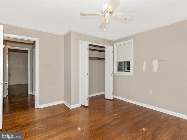510 E Main St, Emmitsburg, MD 21727 - unfurnished bedroom featuring baseboards, wood finished floors, a closet, crown molding, and ceiling fan
