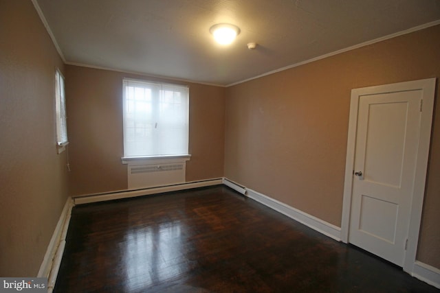 1826 N 52nd St, Philadelphia, PA 19131 - unfurnished room with ornamental molding, baseboard heating, dark wood finished floors, and baseboards
