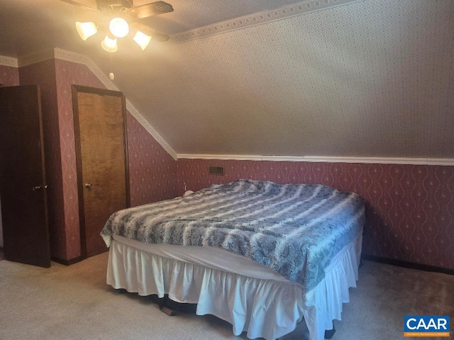 566 Holman Mill Rd, Farmville, VA 23901 - carpeted bedroom featuring wallpapered walls and vaulted ceiling