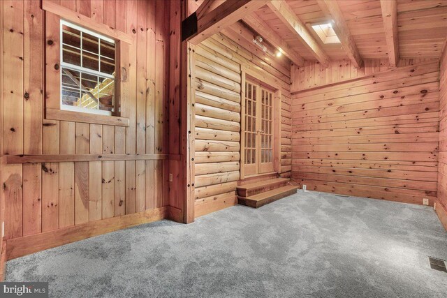 21142 Westerly Rd, Poolesville, MD 20837 - carpeted spare room featuring wooden walls, a wood ceiling with exposed beams, and a sauna / steam room