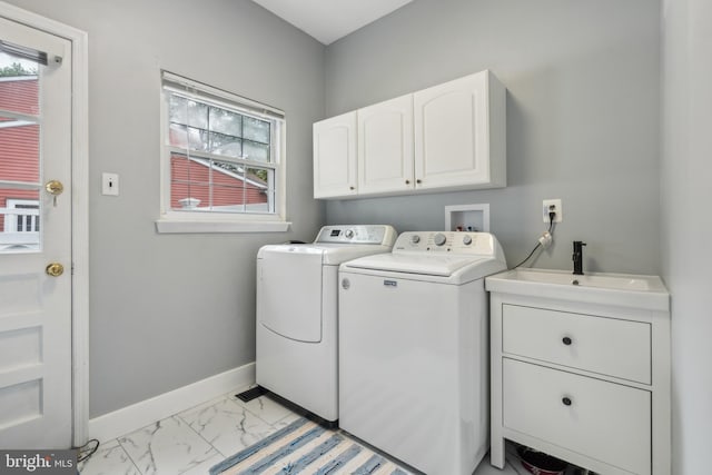 520 Perry Dr, Mount Laurel, NJ 08054 - laundry room with baseboards, washing machine and clothes dryer, cabinet space, and light marble finish floors