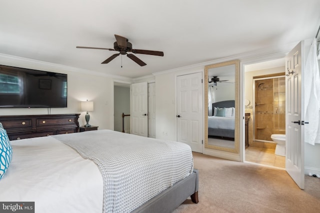 520 Perry Dr, Mount Laurel, NJ 08054 - bedroom with light carpet, crown molding, ensuite bath, and a ceiling fan