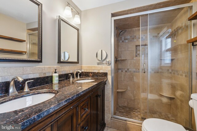 520 Perry Dr, Mount Laurel, NJ 08054 - full bath featuring toilet, a shower stall, double vanity, and tile walls