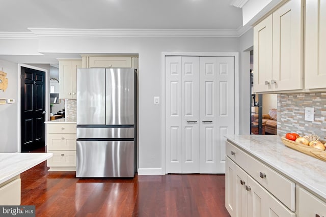 602 Tallowood Ln, Mount Laurel, NJ 08054 - kitchen featuring freestanding refrigerator, dark wood-style flooring, backsplash, light stone countertops, and crown molding