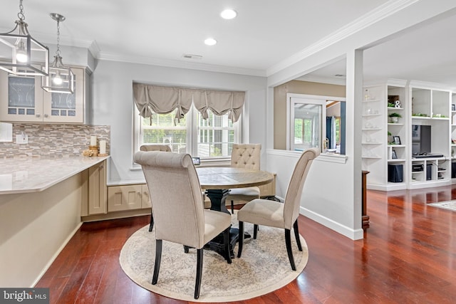 602 Tallowood Ln, Mount Laurel, NJ 08054 - dining room with dark wood-type flooring, recessed lighting, ornamental molding, and baseboards