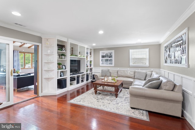 602 Tallowood Ln, Mount Laurel, NJ 08054 - living area featuring wood finished floors, ornamental molding, a wainscoted wall, and recessed lighting