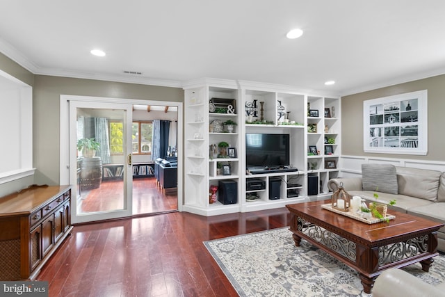 602 Tallowood Ln, Mount Laurel, NJ 08054 - living room with ornamental molding, dark wood-type flooring, recessed lighting, and built in shelves