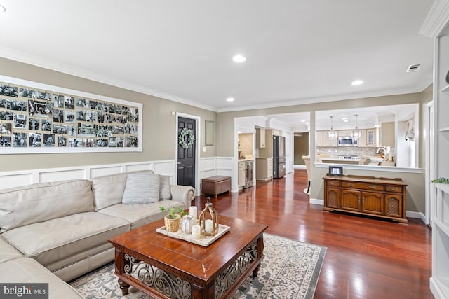 602 Tallowood Ln, Mount Laurel, NJ 08054 - living area with dark wood-style floors, ornamental molding, and recessed lighting