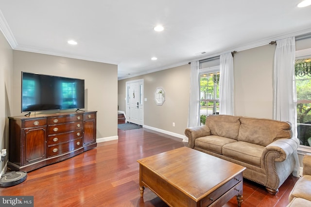 602 Tallowood Ln, Mount Laurel, NJ 08054 - living area featuring crown molding, dark wood-style floors, recessed lighting, and baseboards