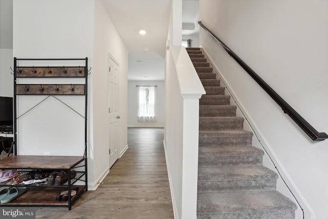11041 Lee St, King George, VA 22485 - stairway with wood finished floors, recessed lighting, and baseboards