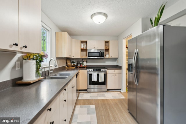 17208 Epsilon Pl, Rockville, MD 20855 - kitchen with appliances with stainless steel finishes, a sink, open shelves, dark countertops, and a textured ceiling