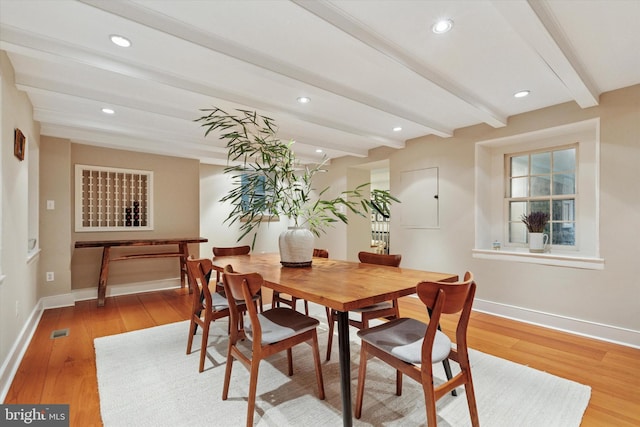 2320 Turk Rd, Doylestown, PA 18901 - dining space with beamed ceiling, wood finished floors, baseboards, and recessed lighting