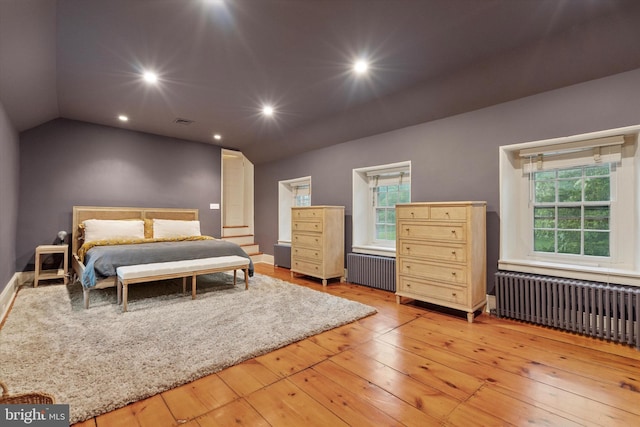 2320 Turk Rd, Doylestown, PA 18901 - bedroom featuring radiator heating unit, light wood-type flooring, multiple windows, vaulted ceiling, and recessed lighting