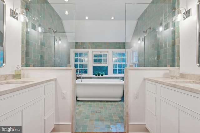2320 Turk Rd, Doylestown, PA 18901 - full bathroom with two vanities, tile walls, tiled shower, a soaking tub, and recessed lighting