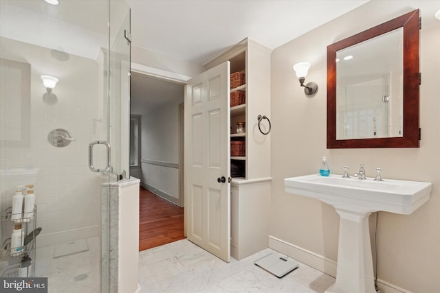 2320 Turk Rd, Doylestown, PA 18901 - full bathroom with a stall shower, baseboards, marble look tiles, a sink, and recessed lighting