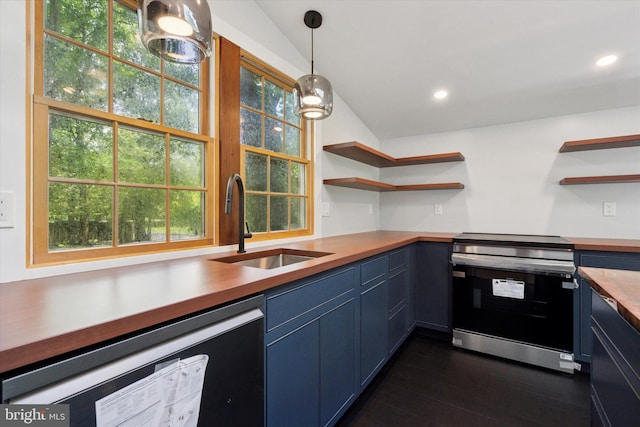 2320 Turk Rd, Doylestown, PA 18901 - kitchen with open shelves, stainless steel range with electric stovetop, a sink, pendant lighting, and blue cabinets