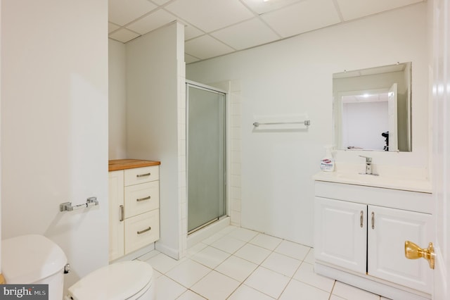 196 Pipers Inn Dr, Fountainville, PA 18923 - bathroom featuring toilet, a shower stall, tile patterned floors, vanity, and a drop ceiling