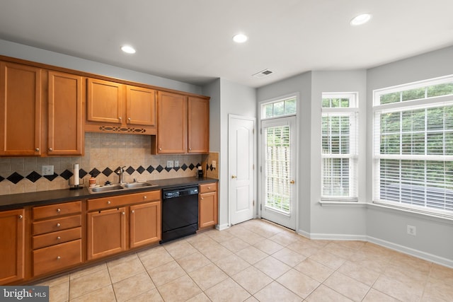 111 Carnoustie, Stephens City, VA 22655 - kitchen with dishwasher, a sink, brown cabinets, dark countertops, and recessed lighting