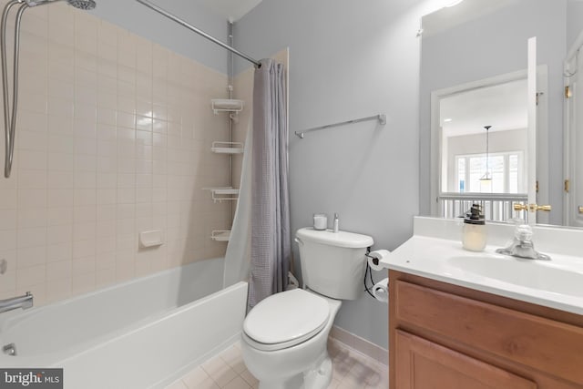 111 Carnoustie, Stephens City, VA 22655 - bathroom featuring toilet, shower / bath combo with shower curtain, vanity, tile patterned flooring, and baseboards