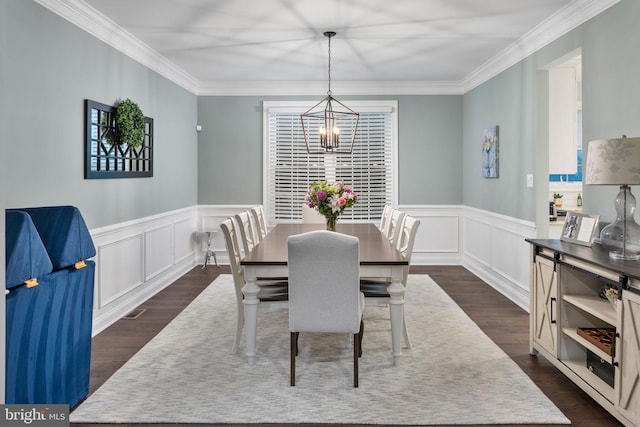 13 Richland Dr, Mount Laurel, NJ 08054 - dining space featuring a chandelier, dark wood finished floors, ornamental molding, wainscoting, and a decorative wall