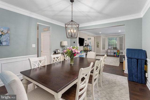 13 Richland Dr, Mount Laurel, NJ 08054 - dining room featuring dark wood finished floors, ornamental molding, a chandelier, a wainscoted wall, and recessed lighting