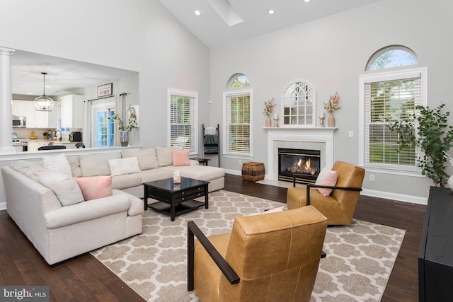 13 Richland Dr, Mount Laurel, NJ 08054 - living room with wood-type flooring, high vaulted ceiling, a high end fireplace, recessed lighting, and baseboards