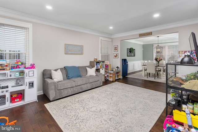 13 Richland Dr, Mount Laurel, NJ 08054 - living area with ornamental molding, dark wood-style floors, a chandelier, and recessed lighting