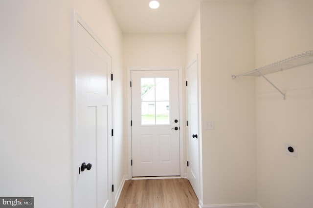 203 N First St, Greenwood, DE 19950 - laundry area with hookup for an electric dryer, light wood-style floors, baseboards, and recessed lighting