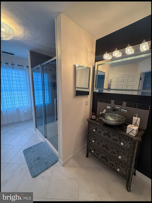 821 Streamview Ln, Vineland, NJ 08360 - full bath featuring marble look tiles, a stall shower, vanity, and baseboards