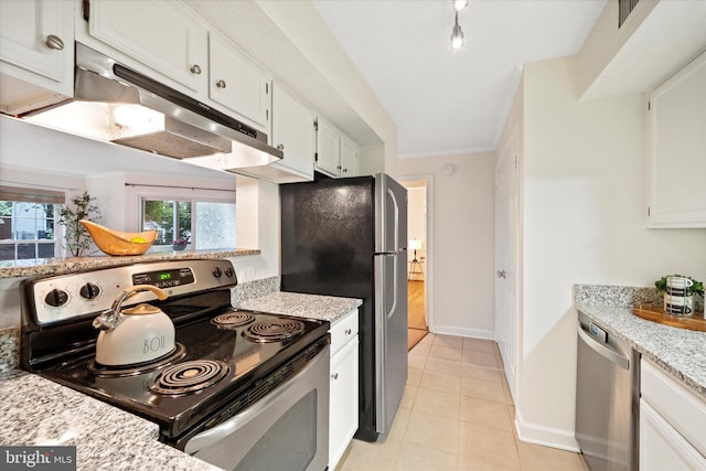 1525 Lincoln Way Unit 203, Mclean, VA 22102 - kitchen with appliances with stainless steel finishes, under cabinet range hood, white cabinetry, light tile patterned flooring, and baseboards