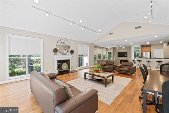 1525 Lincoln Way Unit 203, Mclean, VA 22102 - living area featuring rail lighting, vaulted ceiling, light wood finished floors, and a glass covered fireplace