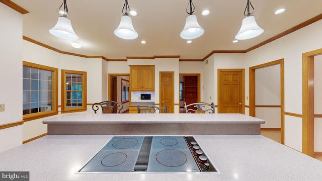 30751 Al Jan Dr, Laurel, DE 19956 - kitchen with black electric cooktop, light countertops, ornamental molding, hanging light fixtures, and brown cabinets
