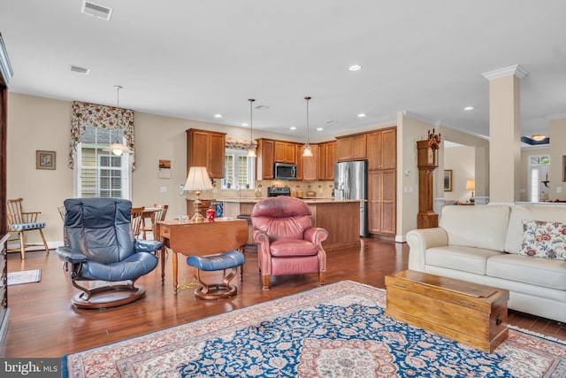 152 Independence Way, Mechanicsburg, PA 17050 - living room with dark wood-style flooring, recessed lighting, and crown molding