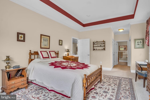 152 Independence Way, Mechanicsburg, PA 17050 - bedroom featuring light colored carpet, crown molding, a tray ceiling, and baseboards