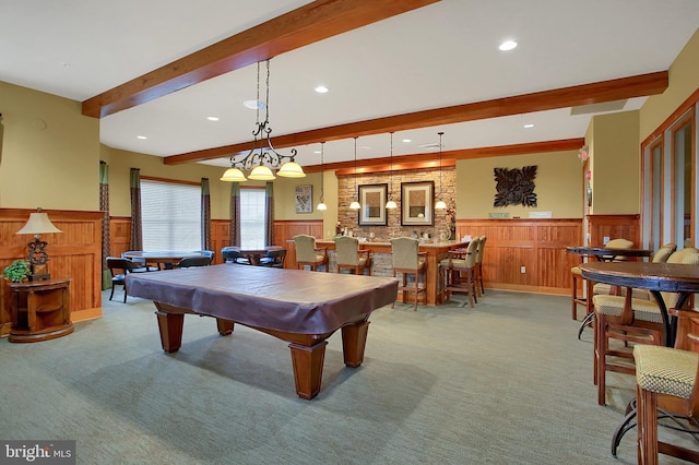152 Independence Way, Mechanicsburg, PA 17050 - game room with a wainscoted wall, beam ceiling, carpet flooring, recessed lighting, and billiards table