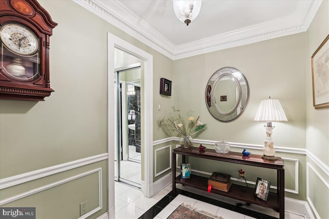 430 M St SW Unit N-609, Washington, DC 20024 - corridor featuring crown molding, tile patterned flooring, a decorative wall, and wainscoting