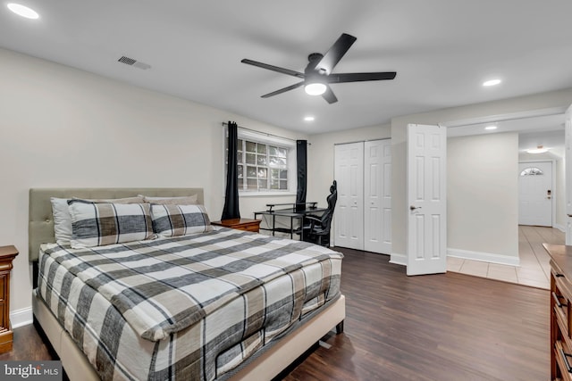 1458 Blockton Ct, Crofton, MD 21114 - bedroom with wood finished floors, recessed lighting, baseboards, ceiling fan, and a closet