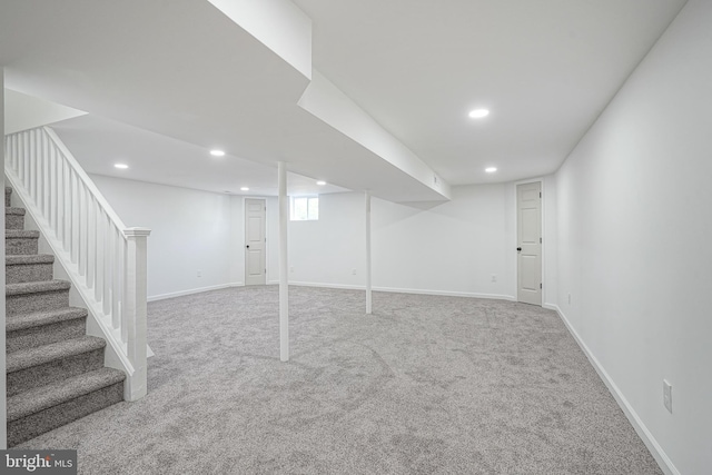 360 N Broad St, Clayton, NJ 08312 - basement with carpet floors, stairway, recessed lighting, and baseboards